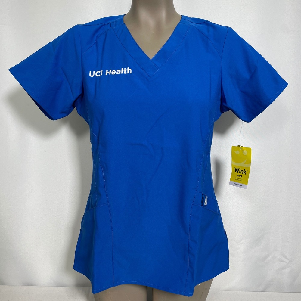 UCI Health Wink W123 Royal Blue Embroidered Scrub Top Women's SMALL NWT